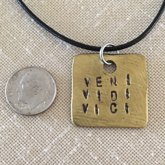 VENI VIDI VICI Hand Stamped Brass Tag Necklace - Picture 2 of 3